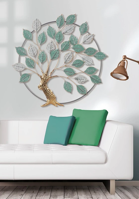 Casablanca Wall Relief Tree in Circle Metal Wiped Gold Light Green White Round 70 x 72 cm Tree Motif Wall Decoration Art Home Accessory Decoration