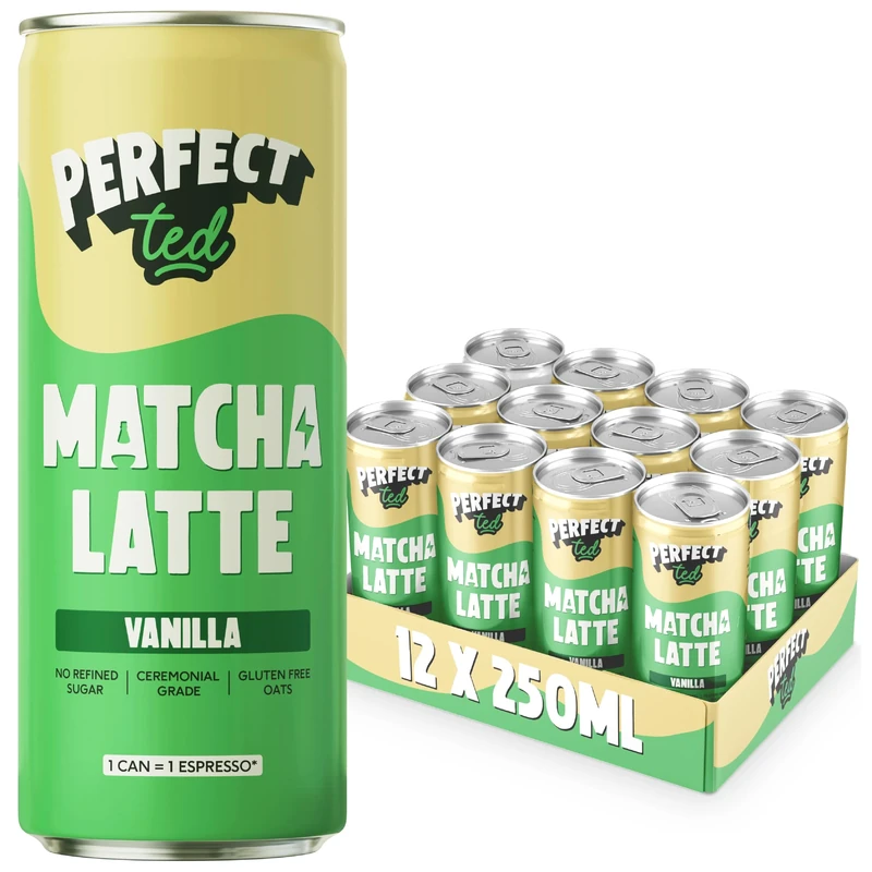 PerfectTed Vanilla Matcha Latte RTD, Ceremonial Grade, 12 x 250ml Cans, Ready-to-Drink with Gluten-Free Oats | Smooth & Creamy | Dairy-Free | Vegan