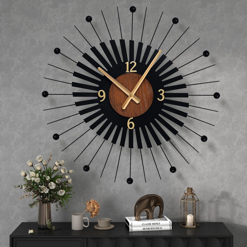 22 Inch Modern Sunburst Wall Clock Battery Operated, Black Metal Radiating Design with Walnut Wood Center, Silent Quartz Movement, Gold Hands – Decorative Clocks for Living Room, Office, Bedroom