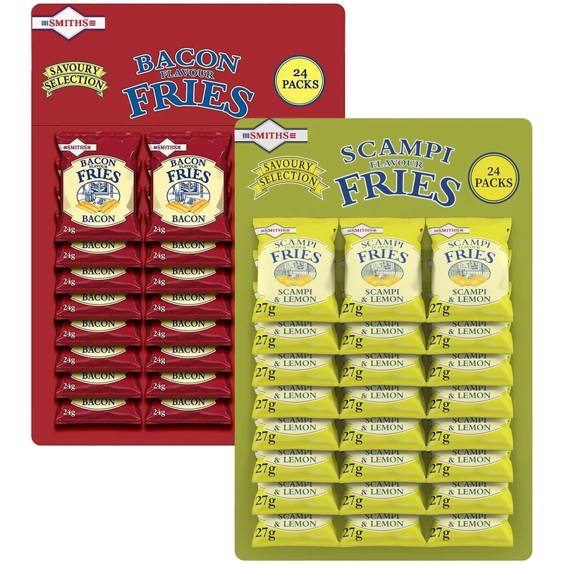 Smiths Savoury Snacks Pub Card Bundle Scampi Fries 24 x 27g and Bacon Fries 24 x 24g Pubcard Mix Pack (48 Bags Total)
