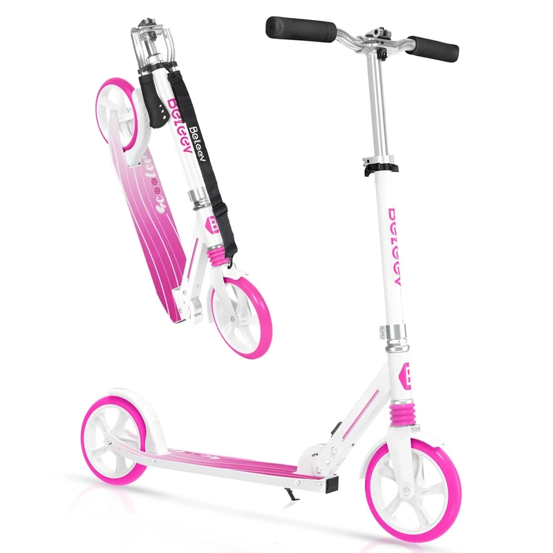 BELEEV Scooter for Kids Ages 6+, 200mm Big Wheel adult Scooters for Boys and Girls, 4 Adjustable Handlebar, Front Suspension, 2 Wheels Scooter with Carry Strap, up to 100Kg(Pink)