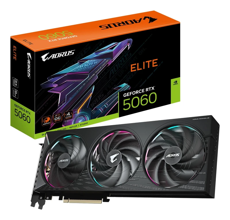 Gigabyte AORUS GeForce RTX 5060 ELITE 8G Graphics Card - 8GB GDDR7, 128bit, PCI-E 5.0, 2722 MHz Core Clock, 3 x DisplayPort, 1 x HDMI, GV-N5060AORUS E-8GD