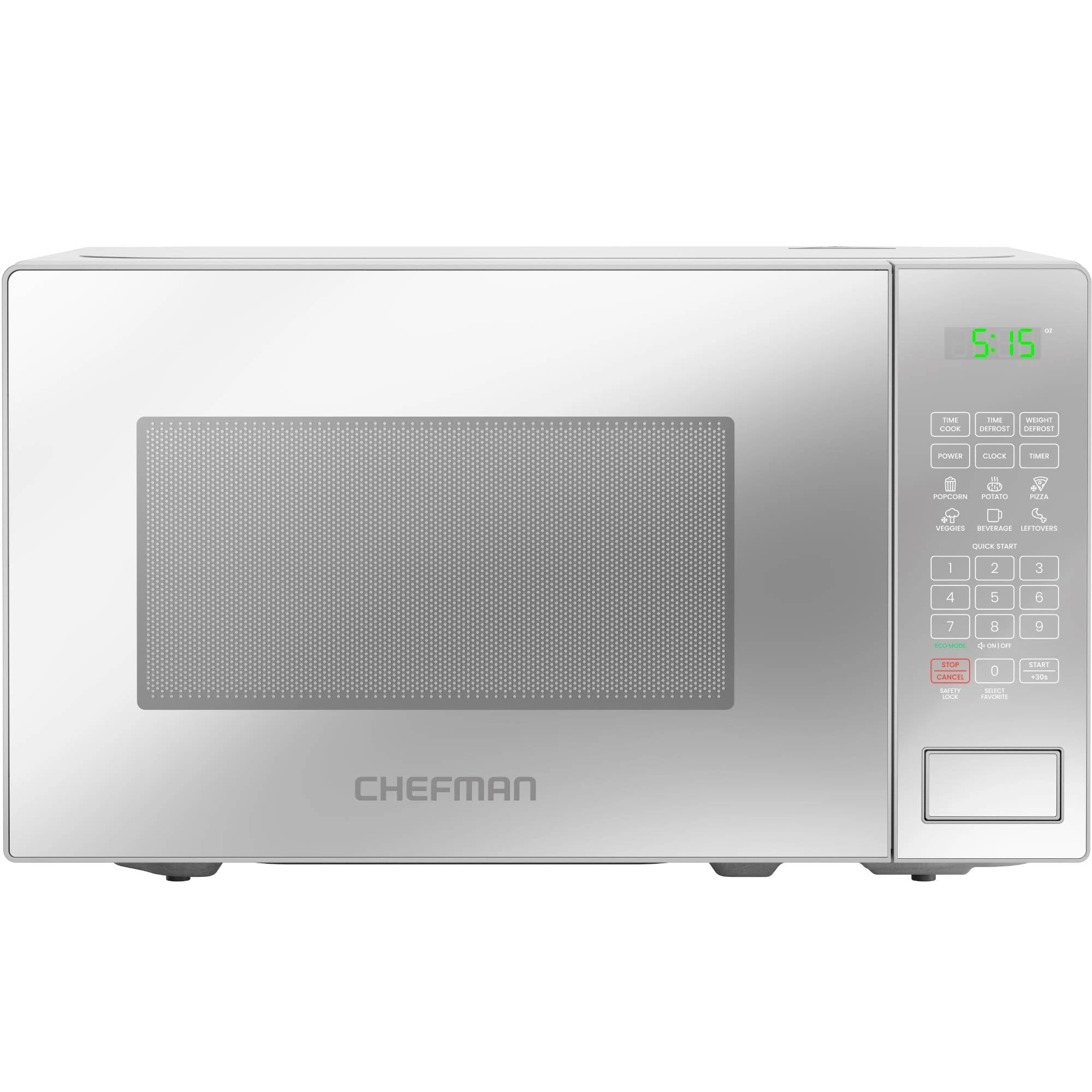 Chefman 20L 800W Microwave Oven with Mirror Finish, 6 Presets, 10 Power Levels, Digital Display, Eco Mode, Memory Function, Mute Option, Child Safety Lock