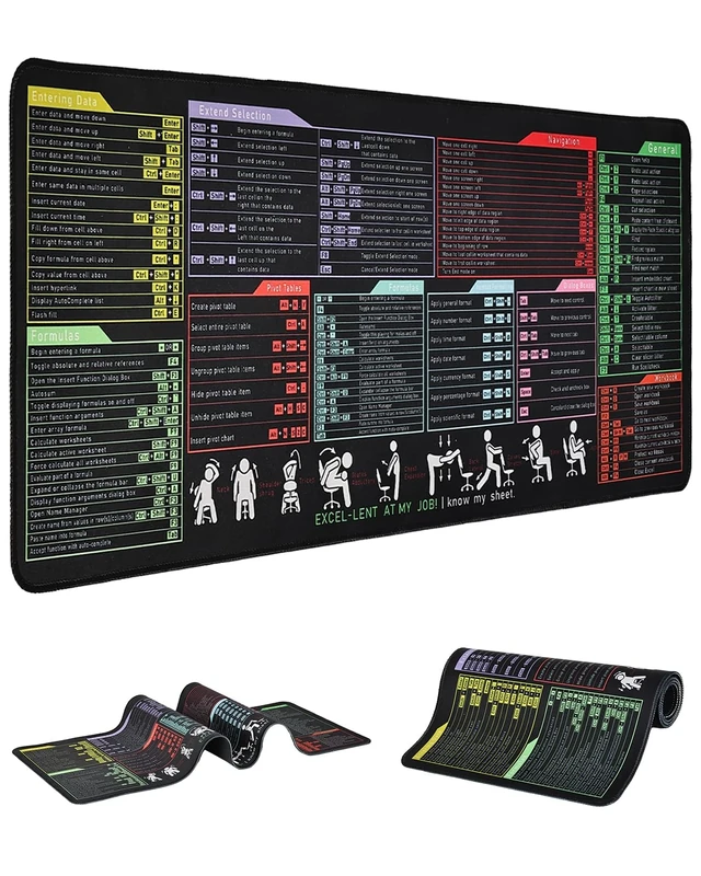 Large Excel Cheat Sheet Mouse Pad - Waterproof Gaming Desk Mat for Excel/Word/Outlook/Windows/PowerPoint Shortcut Keys, Non-Slip, Stitched Edges, Spill-Proof Desk for Keyboard (Common Office Software)