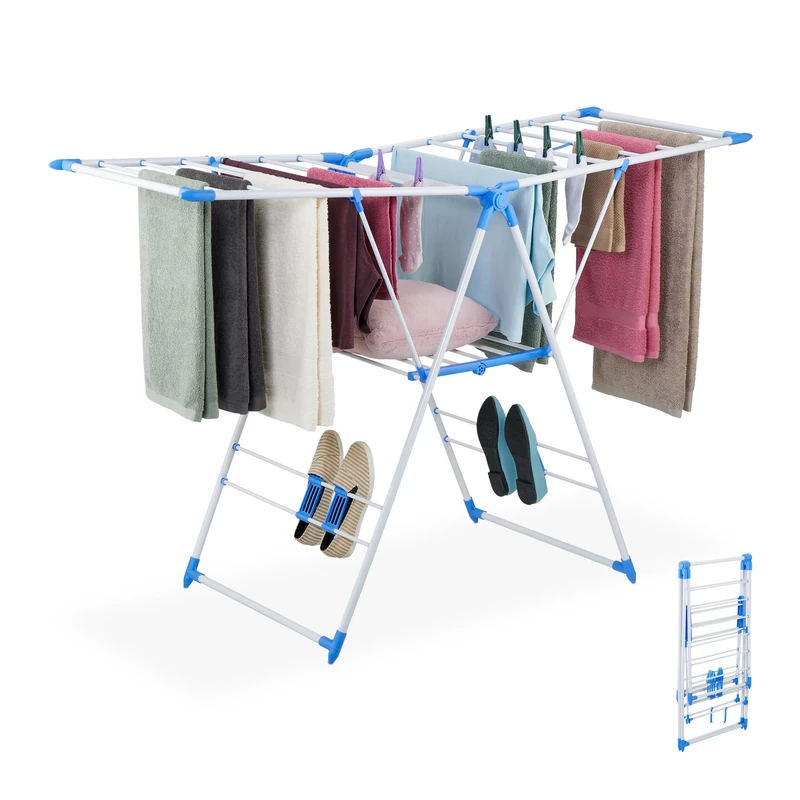 Relaxdays Clothes Horse, 2 Wings, 2 Tiers, Collapsible Washing Airer, HWD: 99x155x61cm, Laundry Drying Rack, White/Blue, Plastic, Iron