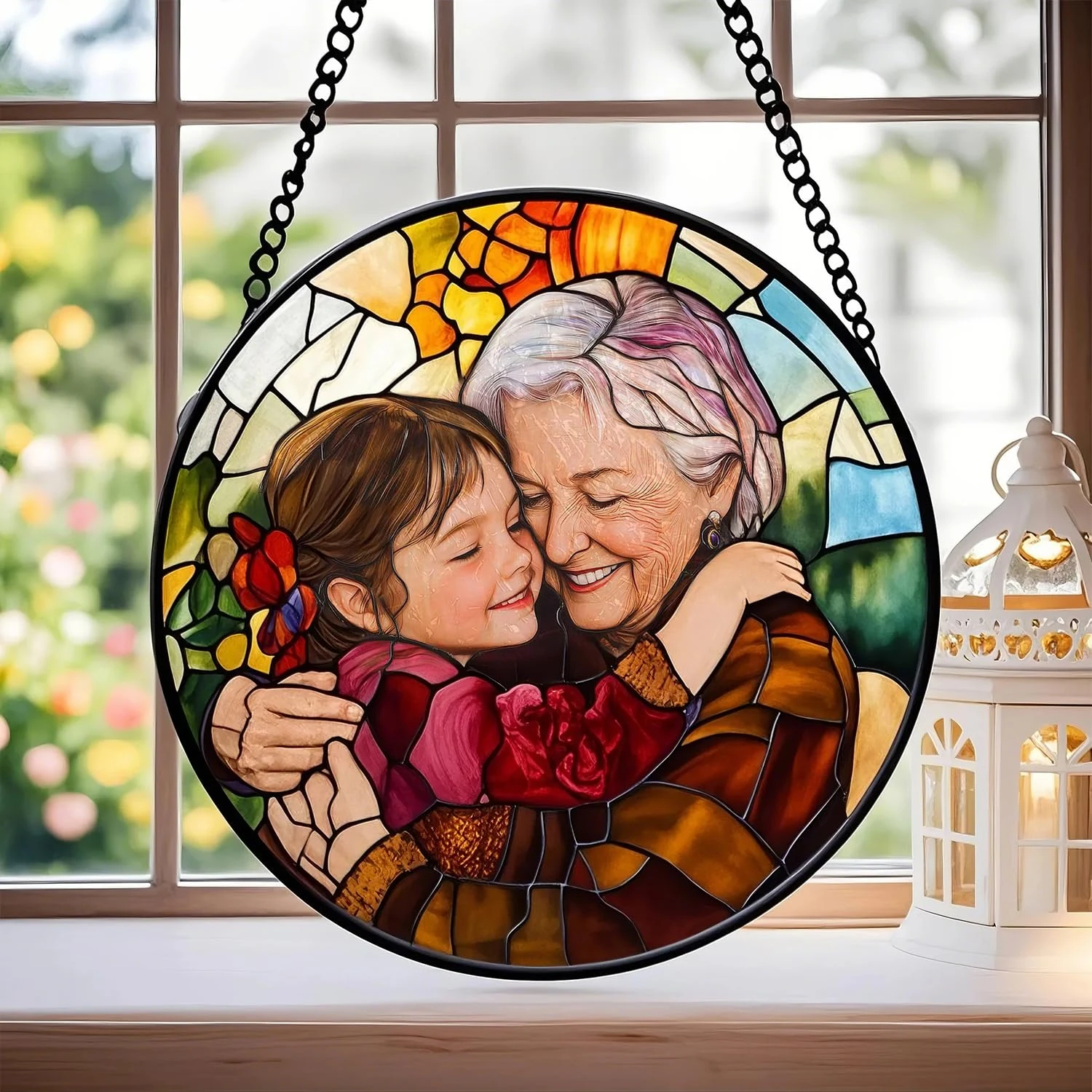 Personalized Grandma Stained Glass Suncatchers for Windows, Custom Photo Family Portrait Outdoor Garden Hanging Ornaments Panels Sun Catcher, Personalised Photo Gifts for Men Women Best Friend Dad Mum