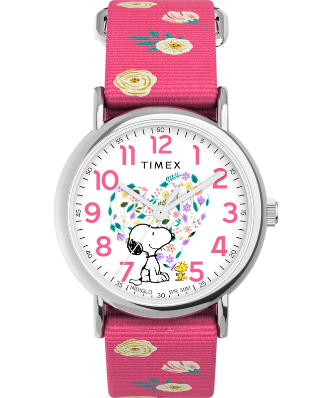 Timex Women's Peanuts x Weekender Floral 38 mm Watch - Pink Fabric Strap with White Dial and Silver-Tone Case TW2W83100 - Image 1