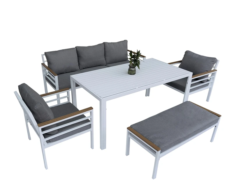 SHATCHI 6 Seater Aluminium Garden Furniture Set White Frame – Outdoor Sofa Set with Bench, Armchairs and Dining Table – Grey Cushions, Modern Patio Lounge Dining Set
