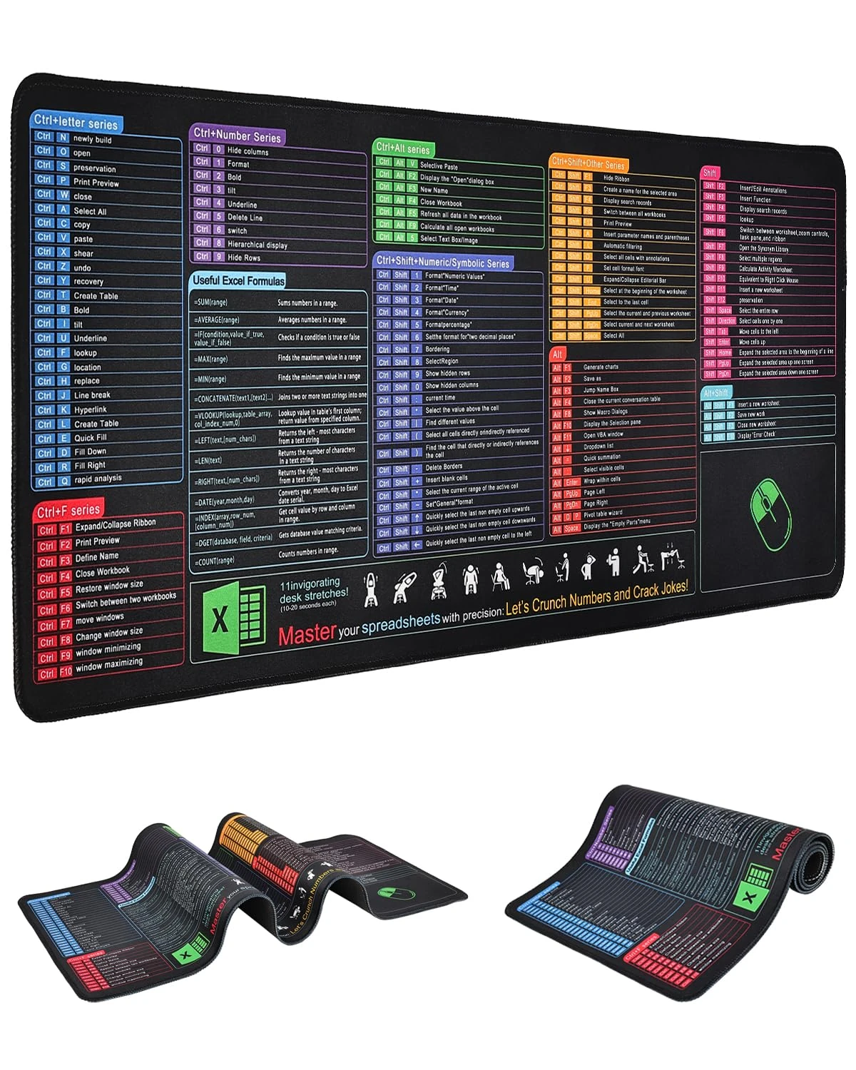Large Excel Cheat Sheet Mouse Pad - Waterproof Gaming Desk Mat for Excel/Word/Outlook/Windows/PowerPoint Shortcut Keys, Non-Slip, Stitched Edges, Spill-Proof Desk for Keyboard (Windows Shortcuts)
