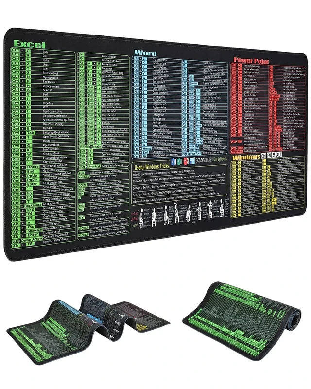 Large Excel Cheat Sheet Mouse Pad - Waterproof Gaming Desk Mat for Excel/Word/Outlook/Windows/PowerPoint Shortcut Keys, Non-Slip, Stitched Edges, Spill-Proof Desk for Keyboard (Office Shortcuts)