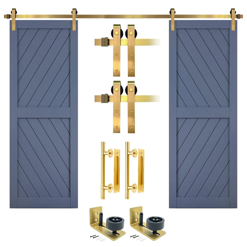 Rio Salto Gold Barn Door Hardware Kit Plus Length 72" Sliding Door Hardware Modern Barn Interior Brushed Brass Panel Hardware (Hardware Kit Plus, 6ft - Double Door)