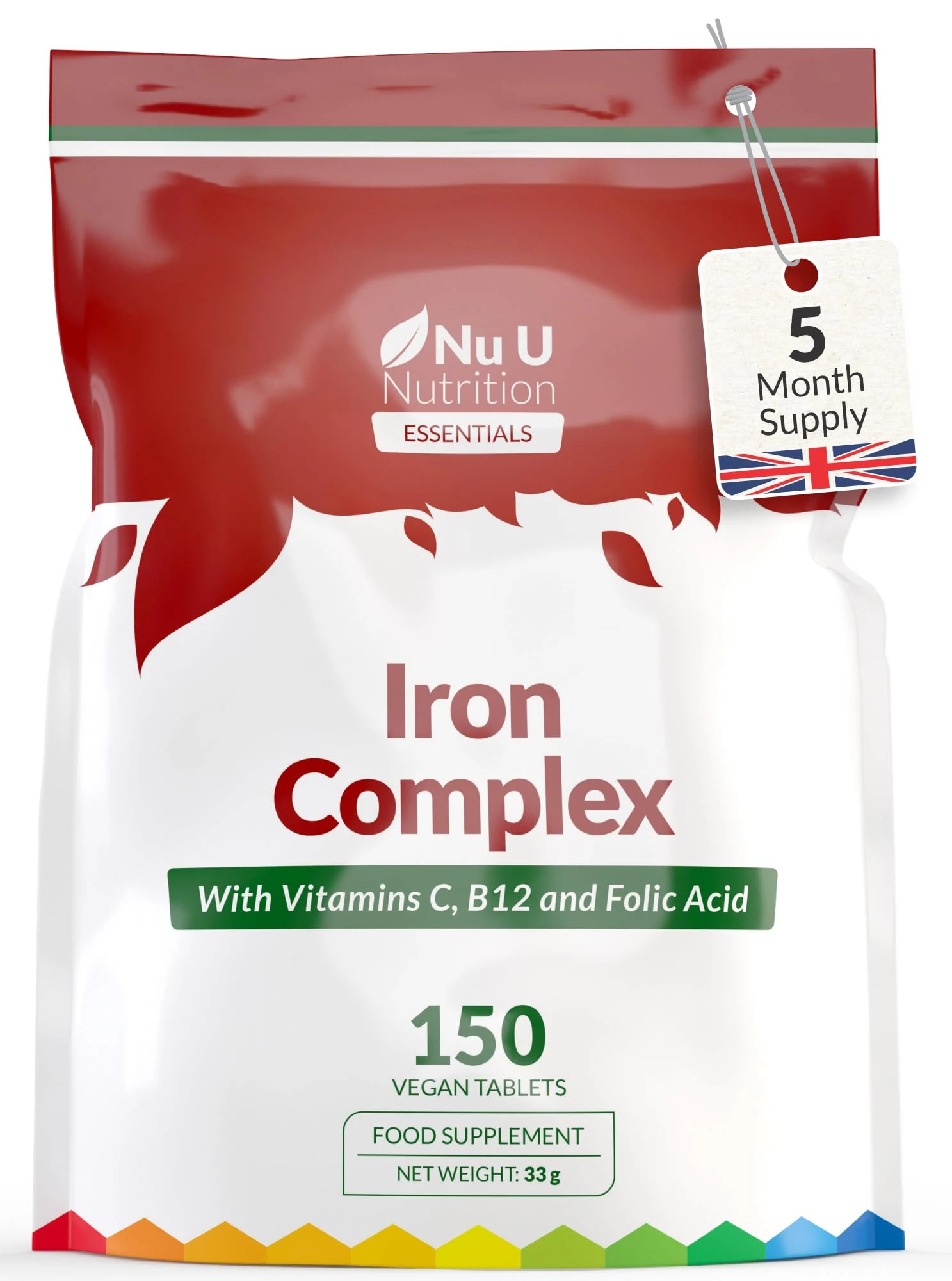 Iron Supplement - 150 Vegan Tablets - Vitamin C, B12 as Methylcobalamin & Folic Acid - High Strength Ferrous Fumarate 14mg per Tablet for Women & Men - Made in The UK - Nu U Nutrition