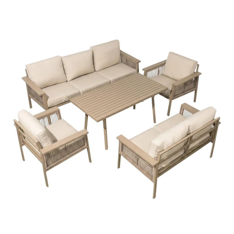Aluminium Garden Furniture Set 7 Seater Beige Outdoor Patio Sofa Set - Poly Rattan Rope Loveseat, Armchairs, Dining Table, Thick Cushions for Lounge Conservatory Balcony Seating