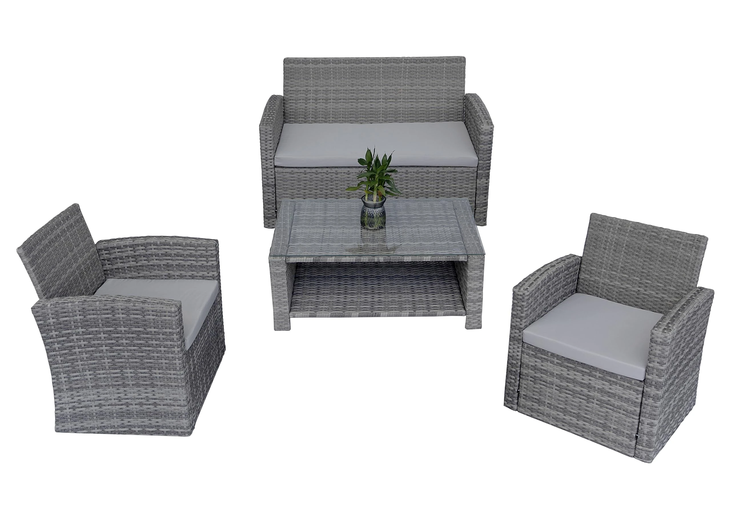 4 Seater Rattan Garden Furniture Set – 2 Chairs, Loveseat Sofa, Coffee Table – Grey Outdoor Patio Set with Cushions, Tempered Glass Table – Steel Frame Lounge Seating