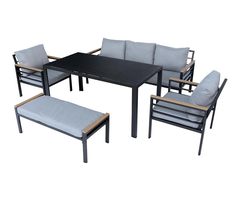 SHATCHI 6 Seater Aluminium Garden Furniture Set Black Frame – Outdoor Sofa Set with Bench, Armchairs and Dining Table – Grey Cushions, Modern Patio Lounge Dining Set