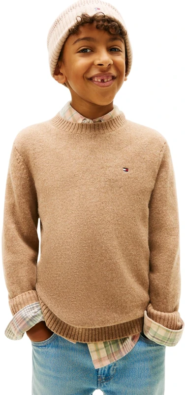 Tommy Hilfiger Boy's Lambswool CN Sweater KB0KB10348 Other Sweaters, Khaki (Safari Canvas Heather), 8 Years - Image 1