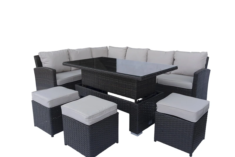 Rattan Garden Furniture Set with Rising Table 8 Seater – Outdoor Corner Sofa Dining Set with Adjustable Table and Footstools – Steel Frame Patio Set with Cushions – Brown Wicker