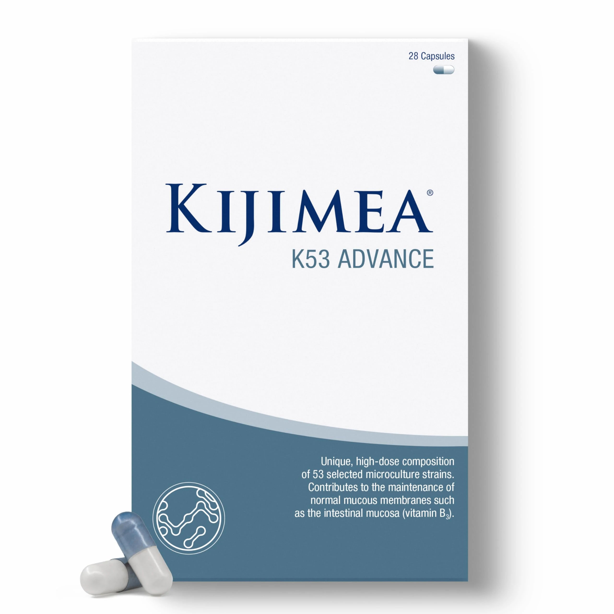 Kijimea® K53 Advance – High-Dose microculture strains | 53 Strains of Intestinal Bacteria | Enriched with Vitamin B3 and B7 | >500 Billion CFU per Pack | Lactose-Free, Gluten-Free | 28 Capsules