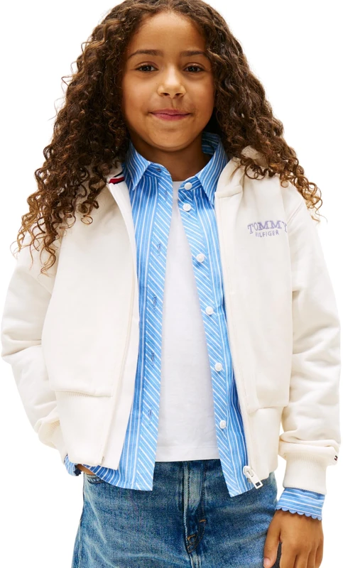 Tommy Hilfiger Girl's EMB HIGH RIB HEM ZIP THRU KG0KG08988 Zip Through Hoodie, WHITE (Ancient White), 7 Years