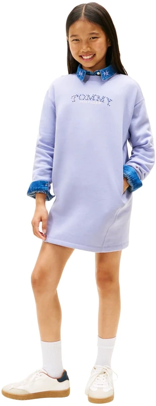 Tommy Hilfiger Girl's Tommy Puff Flower HWK Dress LS KG0KG08946 Sweatshirt Dress, Blue (Periwinkle Dusk), 14 Years
