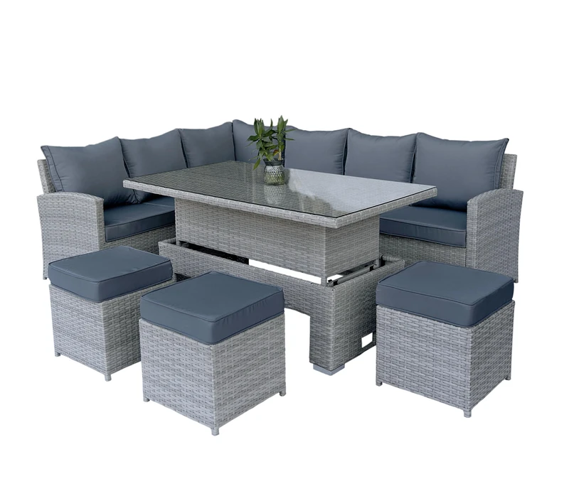 Rattan Garden Furniture Set with Rising Table 8 Seater – Outdoor Corner Sofa Dining Set with Adjustable Table and Footstools – Steel Frame Patio Set with Cushions – Grey Wicker