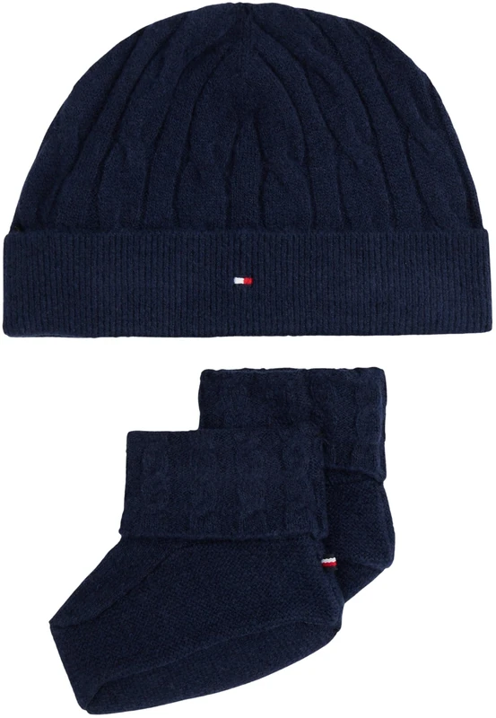 Tommy Hilfiger Unisex CABLE KNIT BEANIE + BOOTIES KN0KN02157 Other Apparel Sets, BLUE (Dark Night Navy), One Size