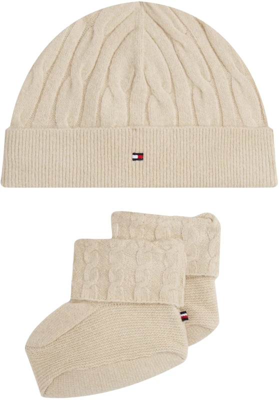 Tommy Hilfiger Unisex CABLE KNIT BEANIE + BOOTIES KN0KN02157 Other Apparel Sets, BEIGE (Gulf Sand), One Size