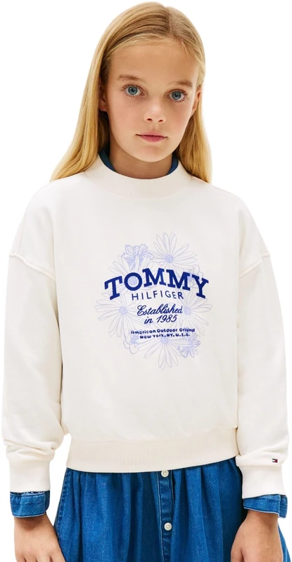 Tommy Hilfiger Girl's TOMMY FLOCK FLOWER CREW NECK KG0KG08992 Pullover Sweatshirt, WHITE (Ancient White), 5 Years