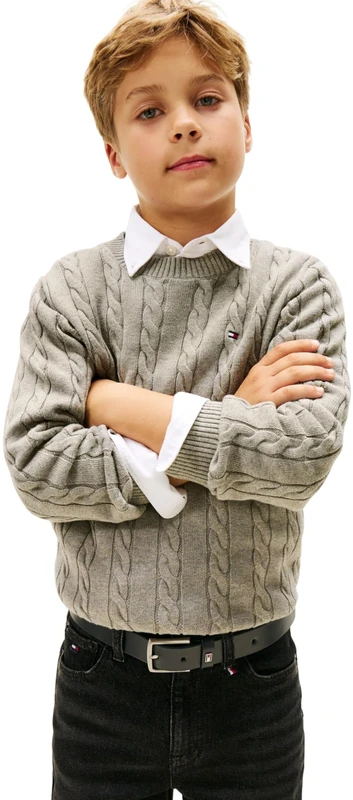 Tommy Hilfiger Boy's Cotton Cable Sweater KB0KB09753 Pullover Sweater, Grey (Mid Grey Heather), 8 Years