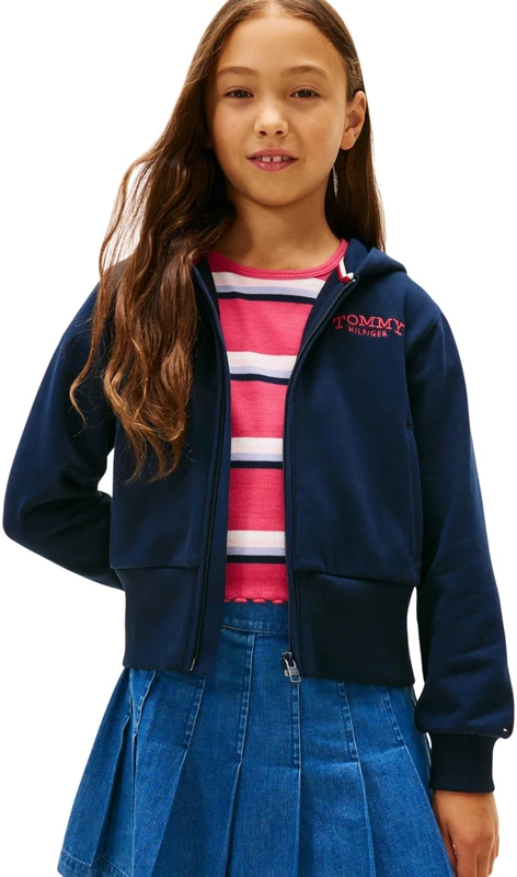 Tommy Hilfiger Girl's EMB HIGH RIB HEM ZIP THRU KG0KG08988 Zip Through Hoodie, BLUE (Dark Night Navy), 10 Years