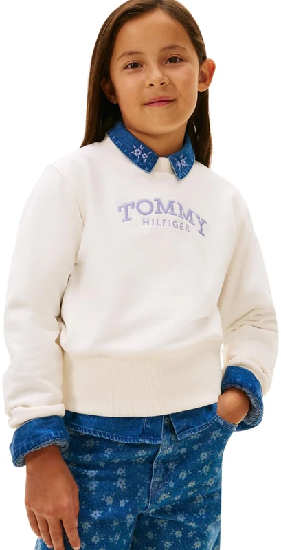 Tommy Hilfiger Girl's HIGH RIB HEM CREW NECK KG0KG08989 Pullover Sweatshirt, WHITE (Ancient White), 8 Years