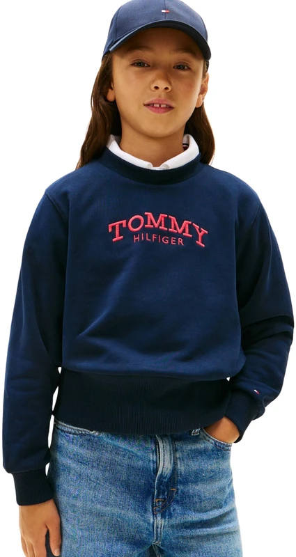 Tommy Hilfiger Girl's HIGH RIB HEM CREW NECK KG0KG08989 Pullover Sweatshirt, BLUE (Dark Night Navy), 7 Years
