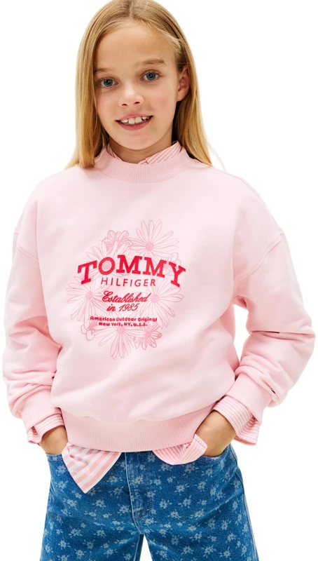 Tommy Hilfiger Girl's TOMMY FLOCK FLOWER CREW NECK KG0KG08992 Pullover Sweatshirt, PINK (Duchess Pink), 14 Years