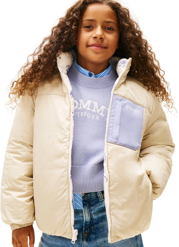 Tommy Hilfiger Girl's FLOWER AOP REVERSIBLE PUFFER KG0KG09050 Puffer Jacket, WHITE (Ancient White/Floral Aop), 8 Years