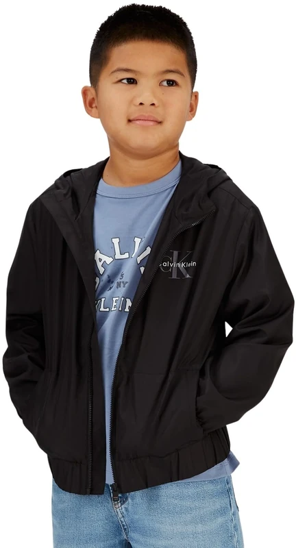 Calvin Klein Boys' Windbreaker Jacket Monologo Essential with Hood, Black (Ck Black), 4 Years