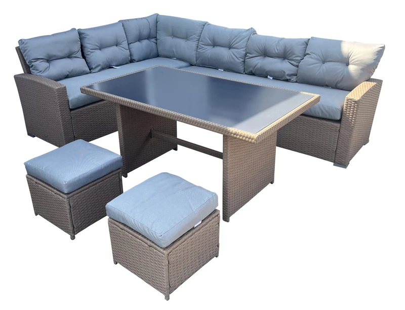 7 Seater Aluminium Rattan Corner Sofa Set with Dining Table and Footstools – Garden Lounge Set with Thick Cushions – Outdoor Patio Dining Furniture