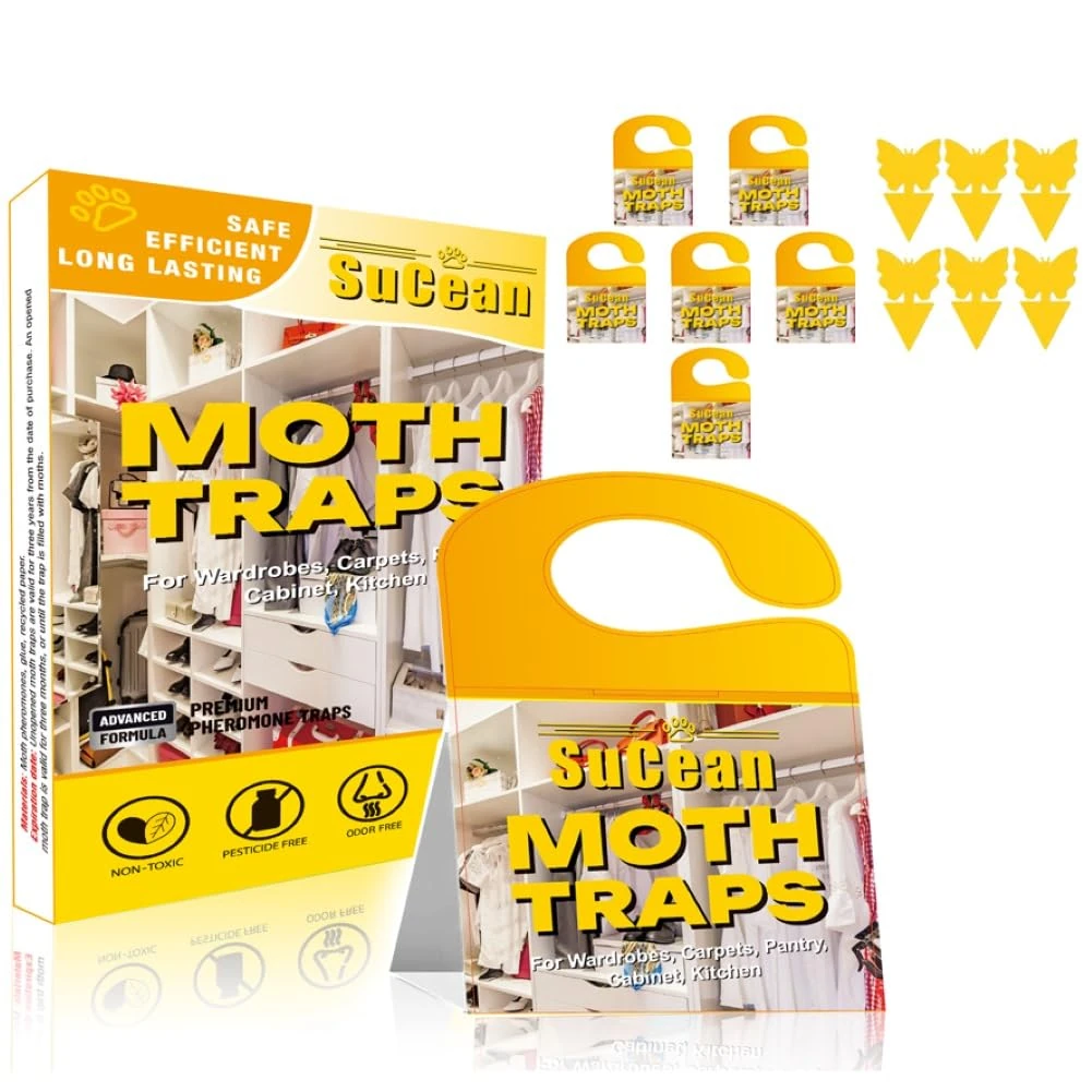 SuCean Moth Traps for Common Clothes - 6 Premium Pheromone Traps, 6 Fly&Gnat Trap