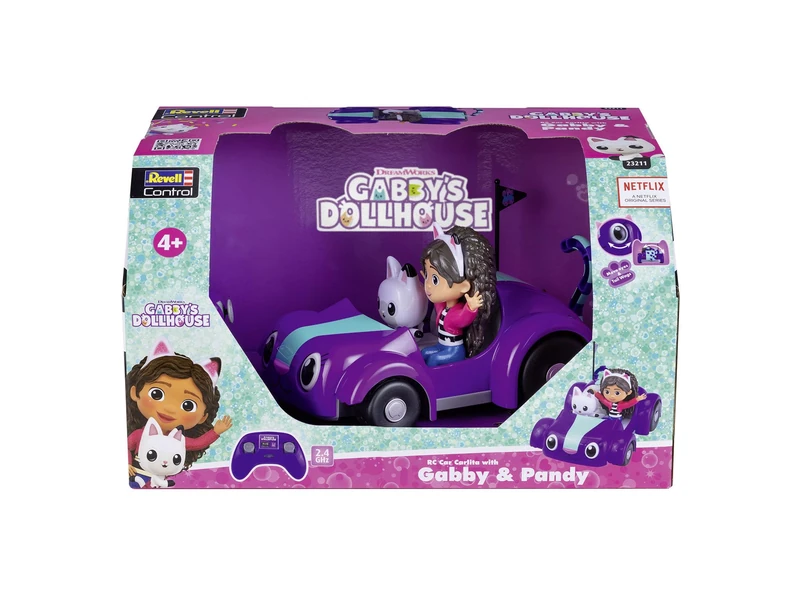 Gabbys' Dollhouse RC Car Carlita Easy 2.4 GHz Control, Moving cat tail for authentic play experience, Includes figures of Gabby & Pandy Paws, 23cm in length, Suitable from 4 Years