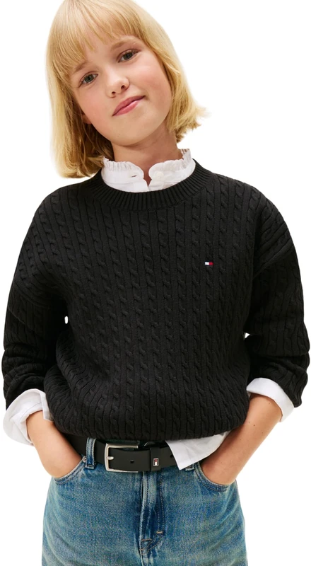 Tommy Hilfiger Girl's Cable Sweater KG0KG08848 Pullover Sweater, Black (Black), 8 Years