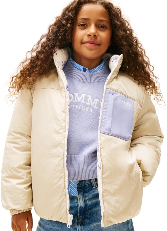 Tommy Hilfiger Girl's FLOWER AOP REVERSIBLE PUFFER KG0KG09050 Puffer Jacket, WHITE (Ancient White/Floral Aop), 14 Years