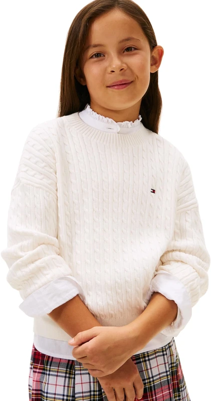 Tommy Hilfiger Girl's Cable Sweater KG0KG08848 Pullover Sweater, White (Ivory Silk), 8 Years