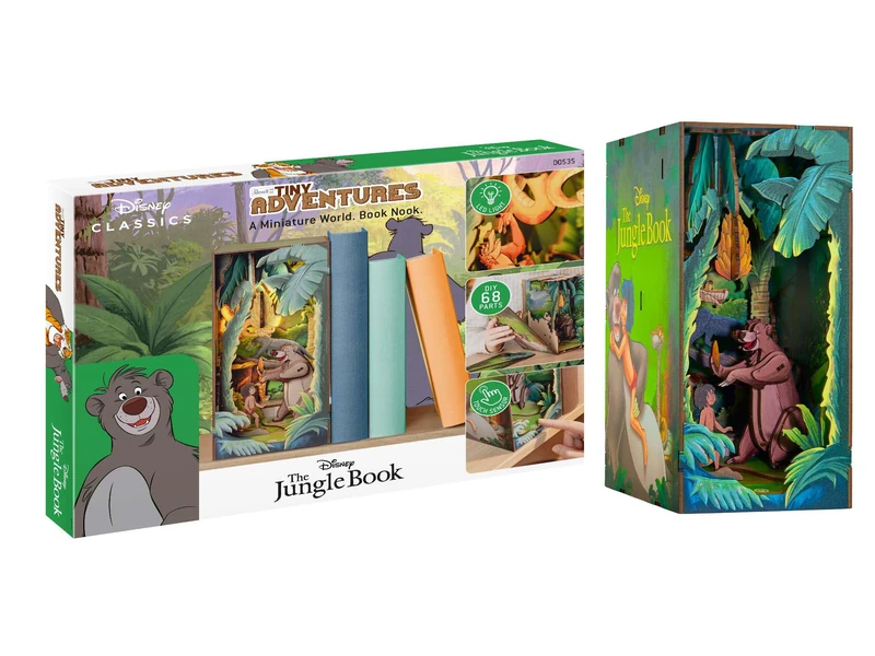 Revell Tiny Adventures Bookend Jungle Book I 3D Miniature Wooden House with LED I Mogli & Balu as Book Nook for Shelf I Craft Fun & Gift Idea for Disney Fans and Little Adventurers