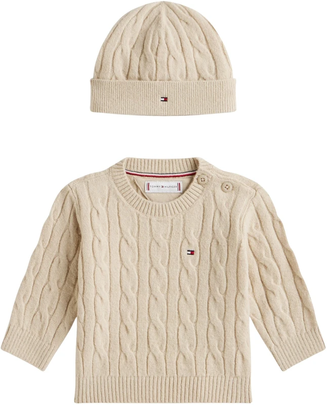 Tommy Hilfiger Newborn CABLE CREW WITH BEANIE KN0KN02158 BEIGE (Gulf Sand) 6 Month