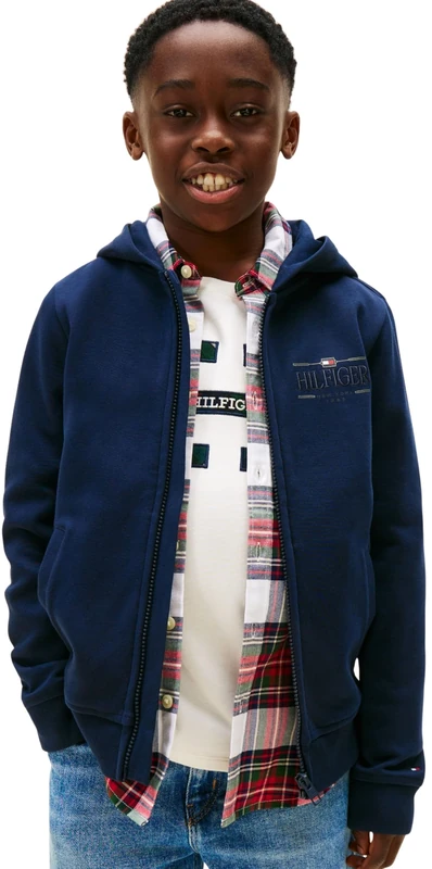 Tommy Hilfiger Boy's TOMMY ICONS ZIP THROUGH HOODIE KB0KB10362 Zip Through Hoodie, BLUE (Dark Night Navy), 8 Years