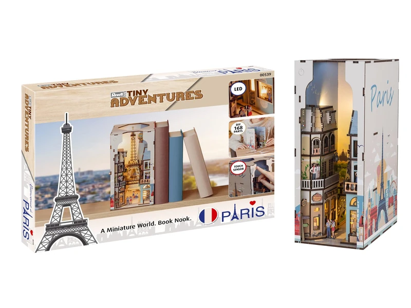 Revell Paris: Tiny Adventures Paris Book Nook - Magical Miniature World for Your Bookshelf, 168 Laser-Cut Wooden Parts with fine Details Atmospheric LED Ambient Lighting