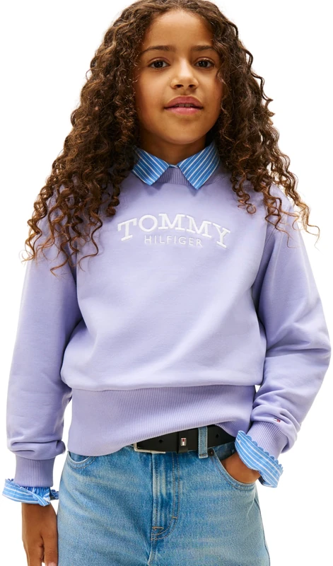 Tommy Hilfiger Girl's HIGH RIB HEM CREW NECK KG0KG08989 Pullover Sweatshirt, BLUE (Periwinkle Dusk), 8 Years