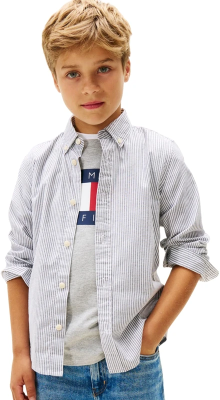 Tommy Hilfiger Boy's Flex Ithaca Shirt LS KB0KB09605 L/S Shirt, Blue (Dark Night Navy Stripe), 10 Years