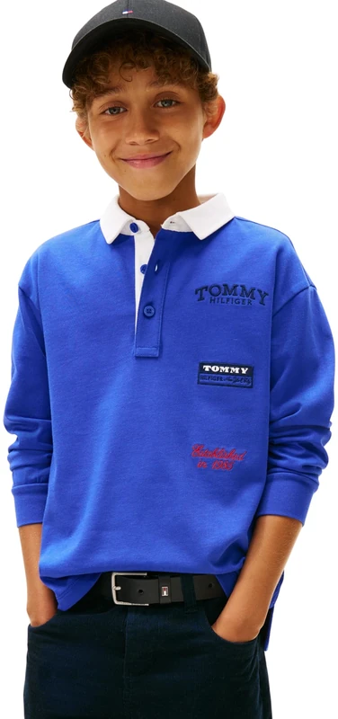 Tommy Hilfiger Boy's Multi Print Polo LS KB0KB10045 L/S Polo, Blue (Majesty Blue), 14 Years