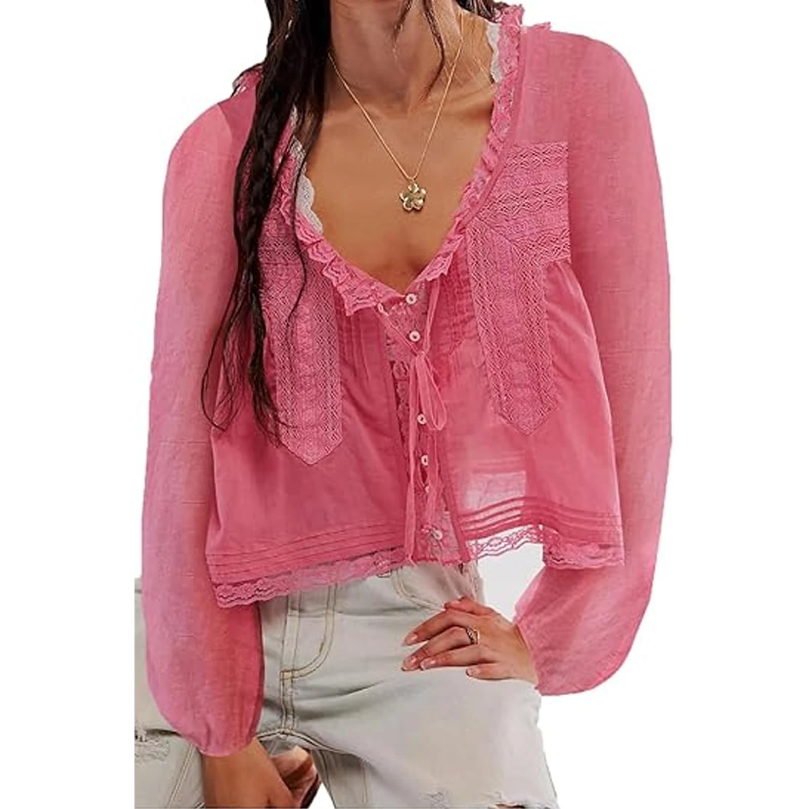 Nicoxijia Women Y2k Lace Trim Tie Front Top Long Sleeve Ruffle Button Down Chiffon Cardigan Shirt Flowy Peplum Going Out Tops (D-Pink, S)