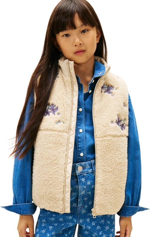 Tommy Hilfiger Girl's FLORAL EMB TEDDY VEST KG0KG09049 Vest, BEIGE (Gulf Sand), 16 Years - Image 1